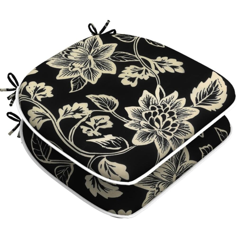 LVTXIII Elegant Vines Black 2pc U-Shaped Outdoor Patio Seat Cushion w/Ties